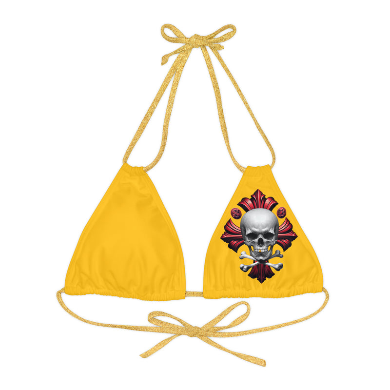 "Skull & Barrel" Base Yellow - Left Logo - Strappy Triangle Bikini Top (AOP)