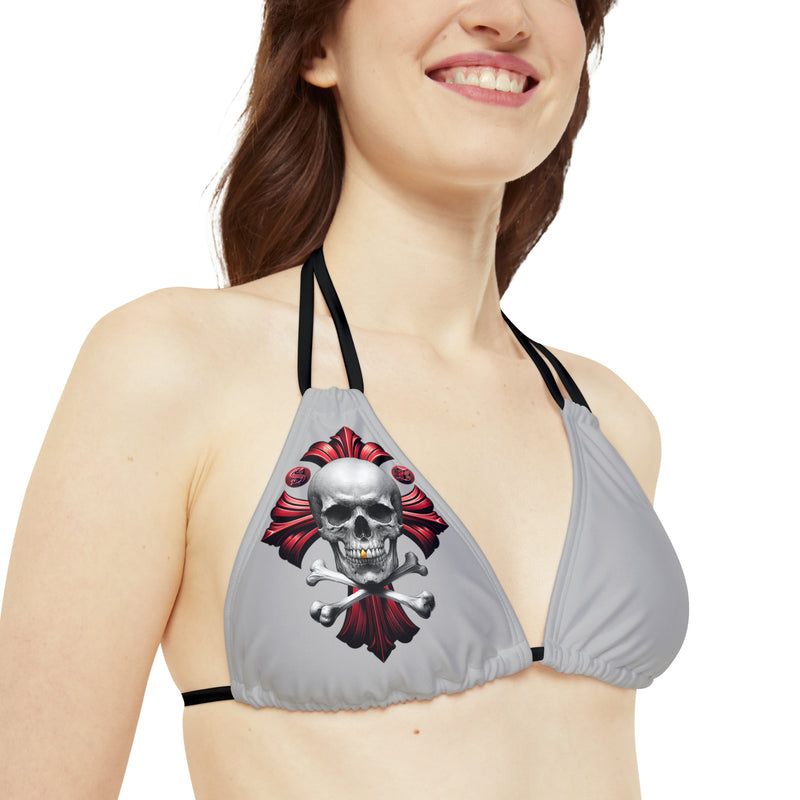 "Skull & Barrel" Base Light Grey - Right Logo - Strappy Triangle Bikini Top (AOP)