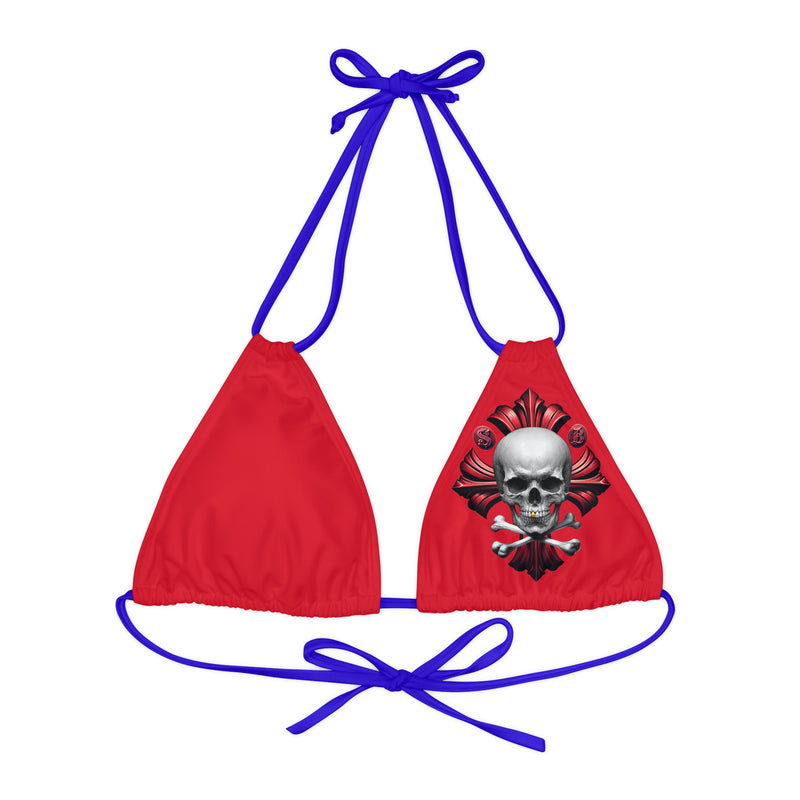 "Skull & Barrel" Base Dark Red - Left Logo - Strappy Triangle Bikini Top (AOP)