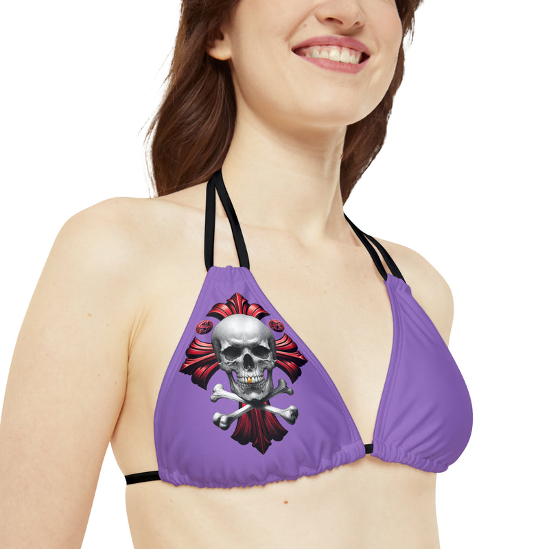 "Skull & Barrel" Base Light Purple - Right Logo - Strappy Triangle Bikini Top (AOP)