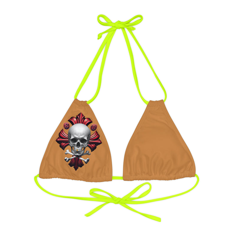 "Skull & Barrel" Base Light Brown - Right Logo - Strappy Triangle Bikini Top (AOP)