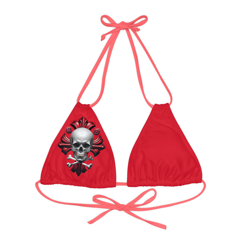 "Skull & Barrel" Base Dark Red - Right Logo - Strappy Triangle Bikini Top (AOP)