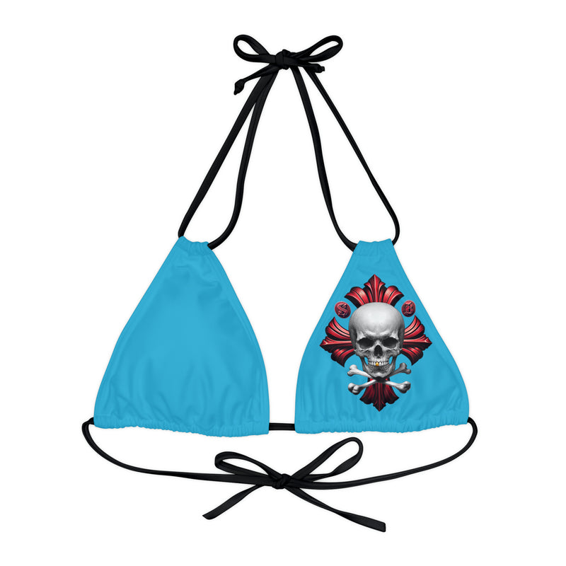 "Skull & Barrel" Base Turquoise - Left Logo - Strappy Triangle Bikini Top (AOP)
