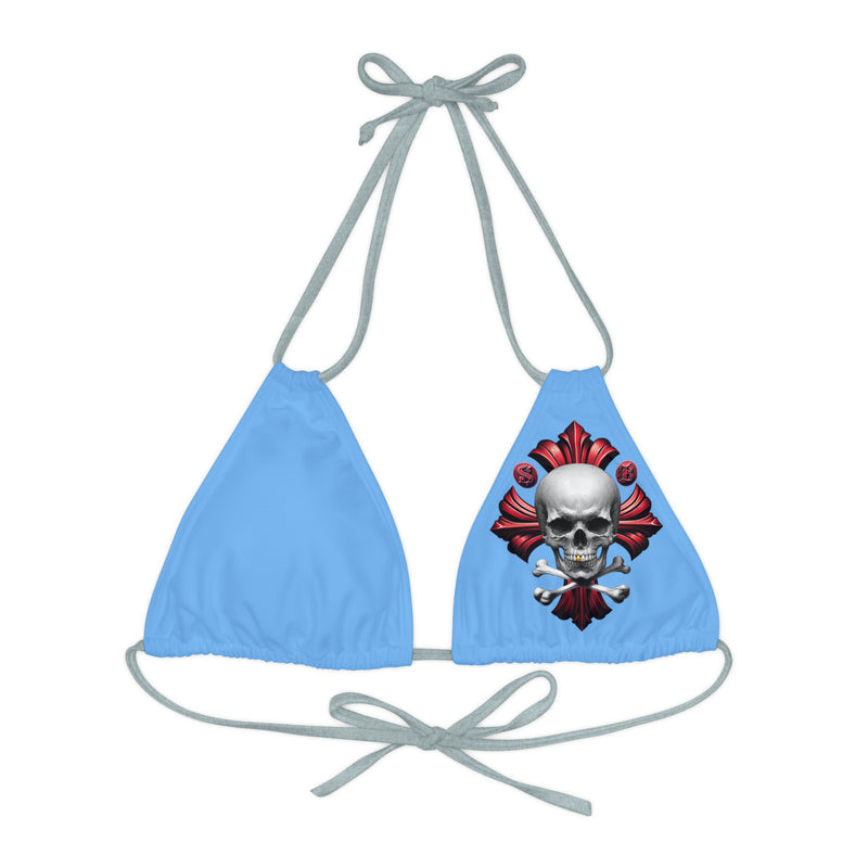 "Skull & Barrel" Base Light Blue - Left Logo - Strappy Triangle Bikini Top (AOP)