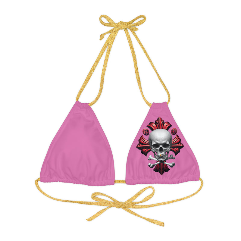 "Skull & Barrel" Base Light Pink - Left Logo - Strappy Triangle Bikini Top (AOP)