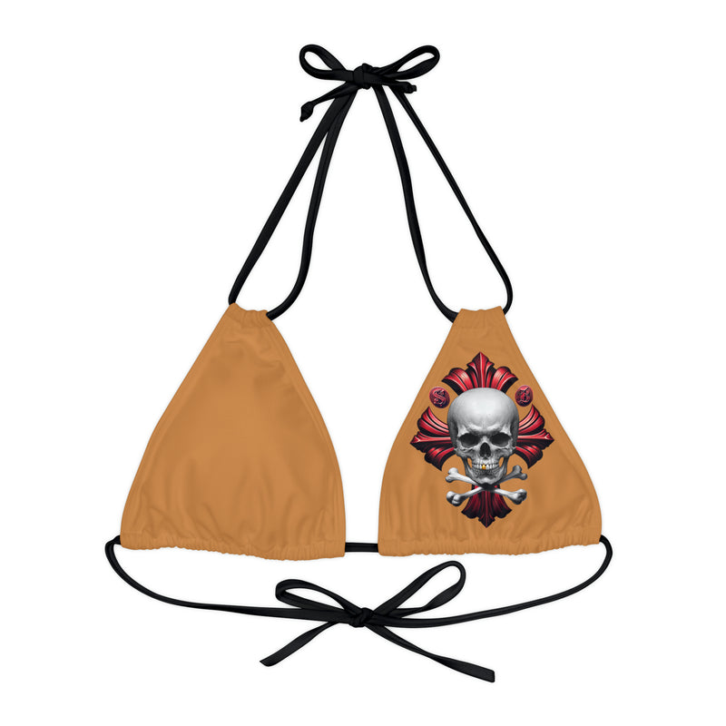 "Skull & Barrel" Base Light Brown - Left Logo - Strappy Triangle Bikini Top (AOP)