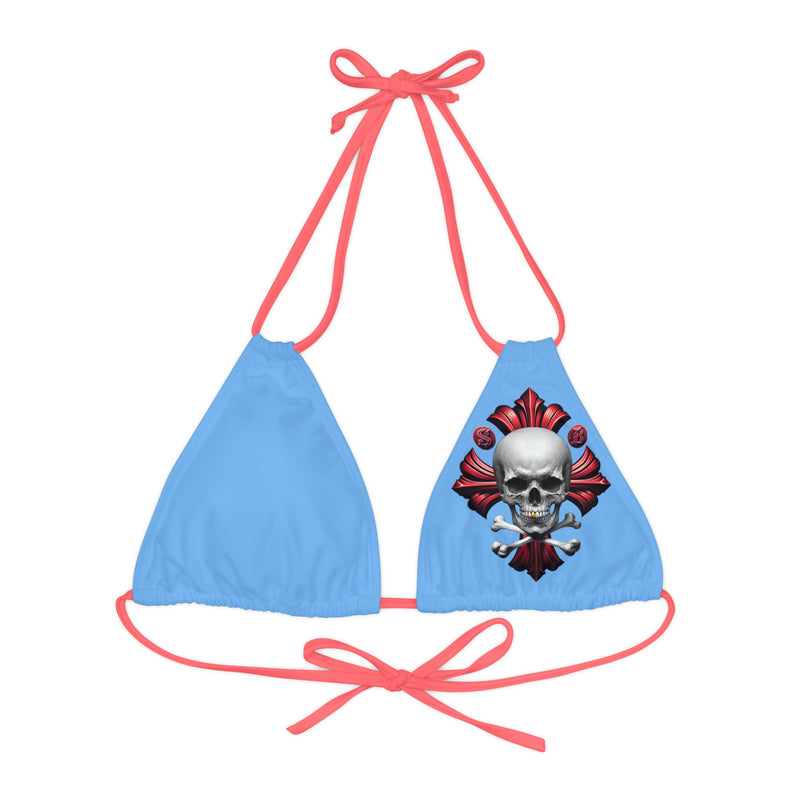 "Skull & Barrel" Base Light Blue - Left Logo - Strappy Triangle Bikini Top (AOP)