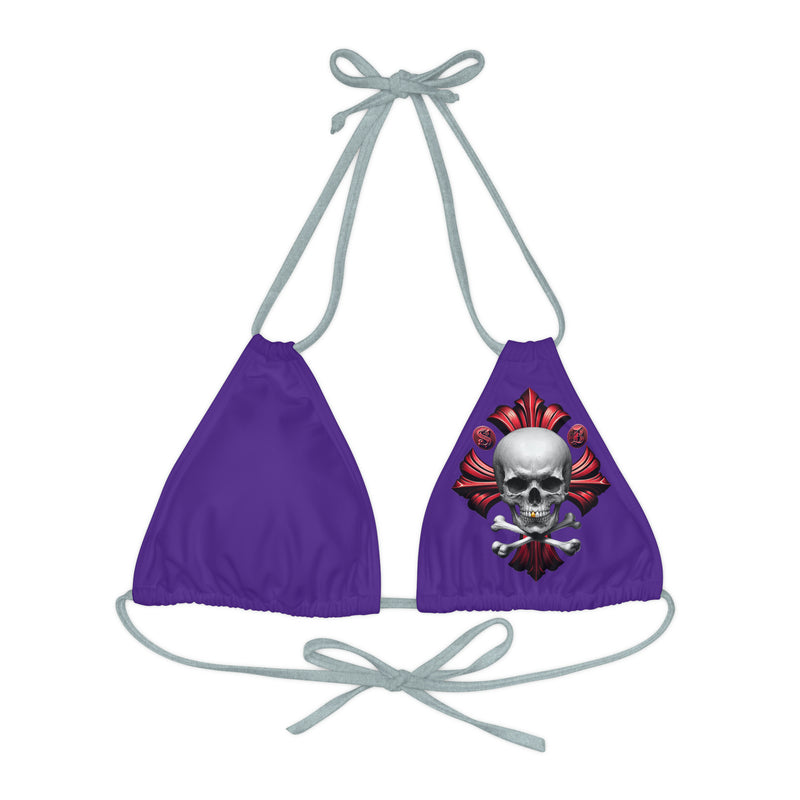 "Skull & Barrel" Base Purple - Left Logo - Strappy Triangle Bikini Top (AOP)