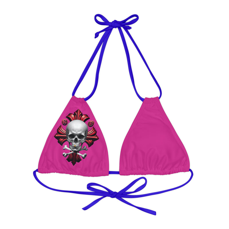 "Skull & Barrel" Base Pink - Right Logo - Strappy Triangle Bikini Top (AOP)