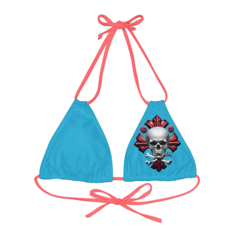 "Skull & Barrel" Base Turquoise - Left Logo - Strappy Triangle Bikini Top (AOP)