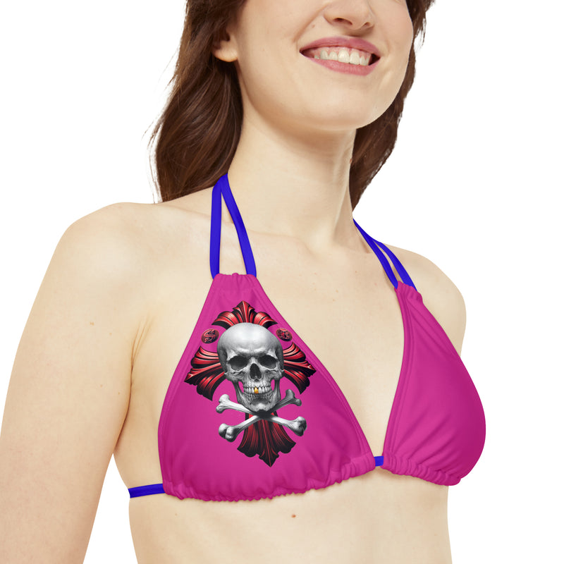 "Skull & Barrel" Base Pink - Right Logo - Strappy Triangle Bikini Top (AOP)