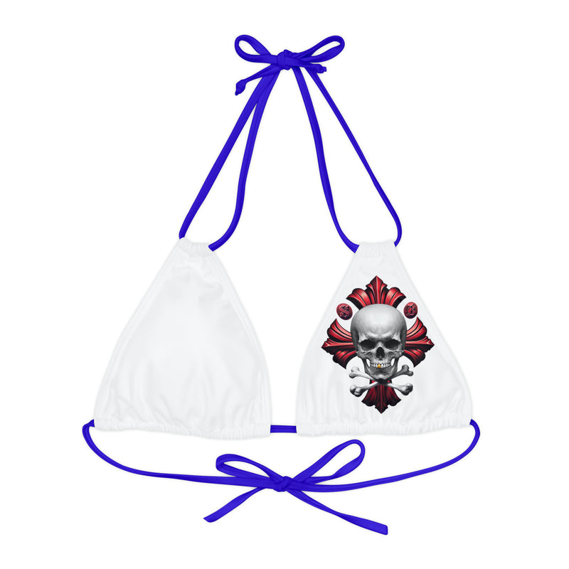 "Skull & Barrel" Base White - Left Logo - Strappy Triangle Bikini Top (AOP)