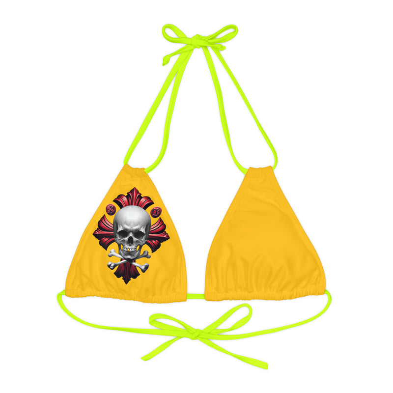 "Skull & Barrel" Base Yellow - Right Logo - Strappy Triangle Bikini Top (AOP)