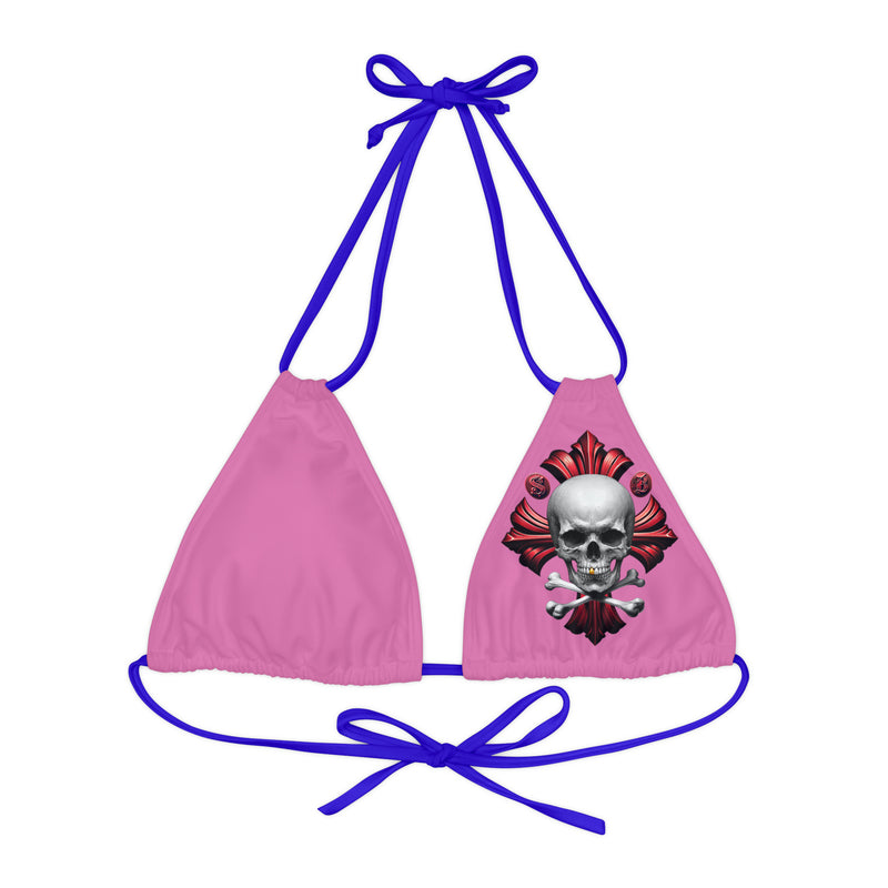 "Skull & Barrel" Base Light Pink - Left Logo - Strappy Triangle Bikini Top (AOP)