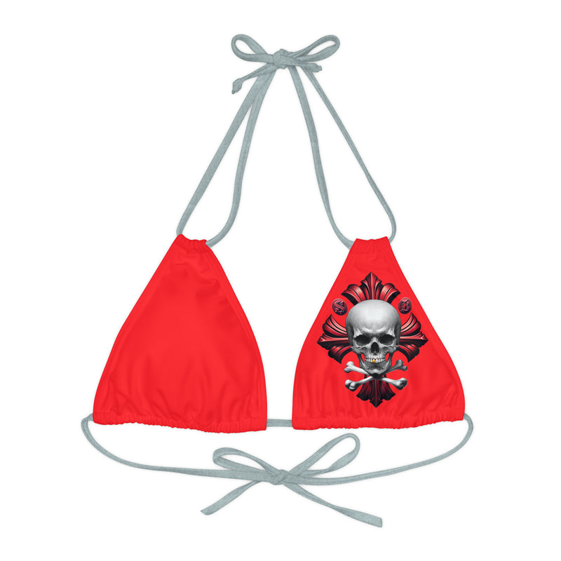 "Skull & Barrel" Base Red - Left Logo - Strappy Triangle Bikini Top (AOP)