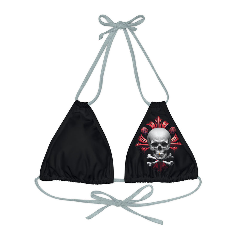 "Skull & Barrel" Base Black - Left Logo - Strappy Triangle Bikini Top (AOP)