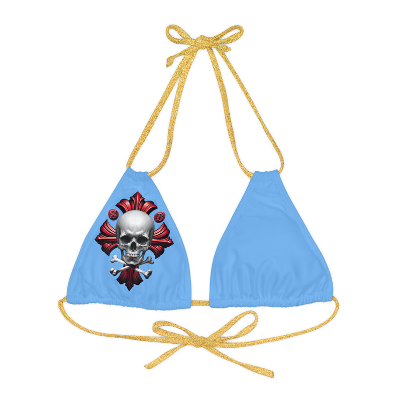 "Skull & Barrel" Base Light Blue - Right Logo - Strappy Triangle Bikini Top (AOP)