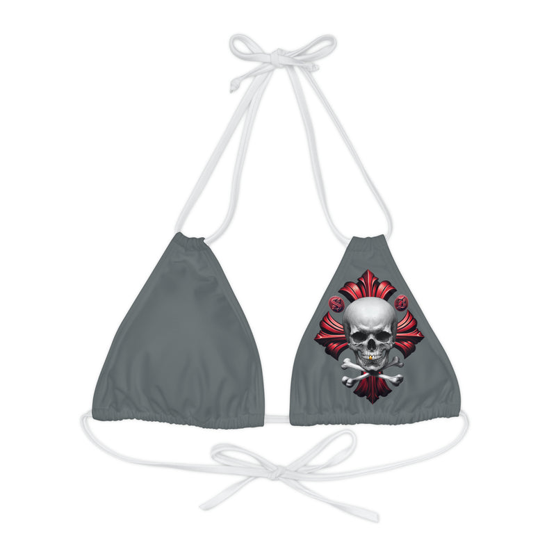 "Skull & Barrel" Base Dark Grey- Left Logo - Strappy Triangle Bikini Top (AOP)