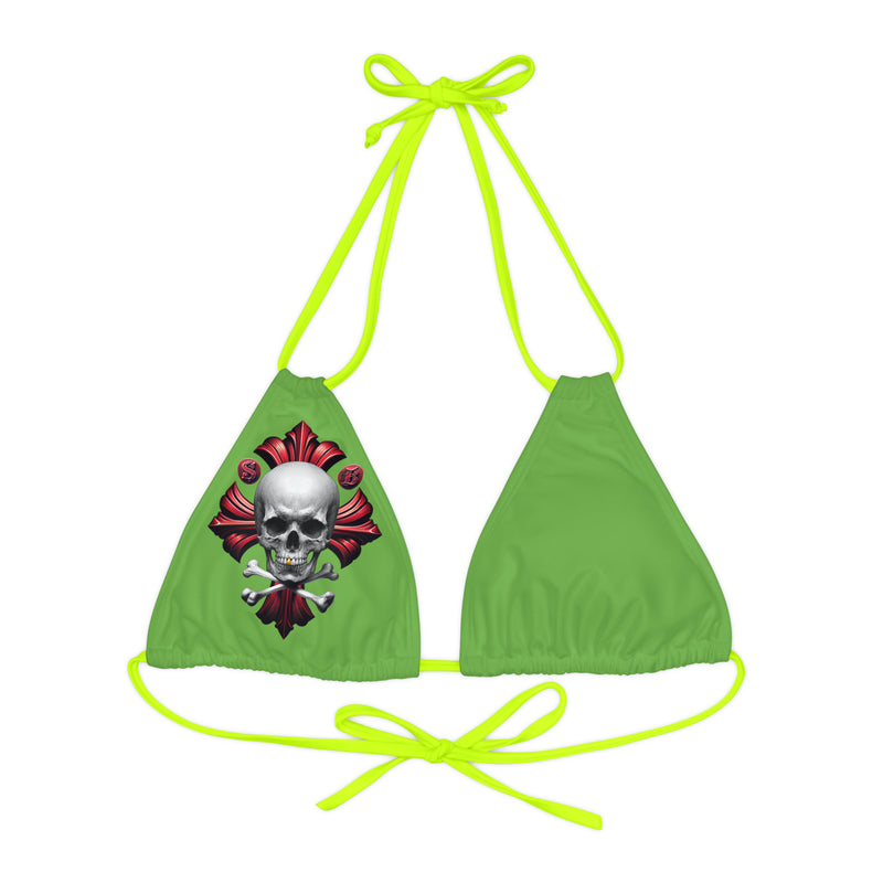 "Skull & Barrel" Base Green - Right Logo - Strappy Triangle Bikini Top (AOP)