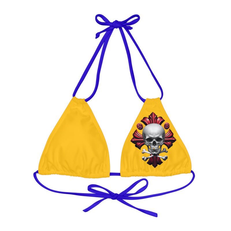 "Skull & Barrel" Base Yellow - Left Logo - Strappy Triangle Bikini Top (AOP)