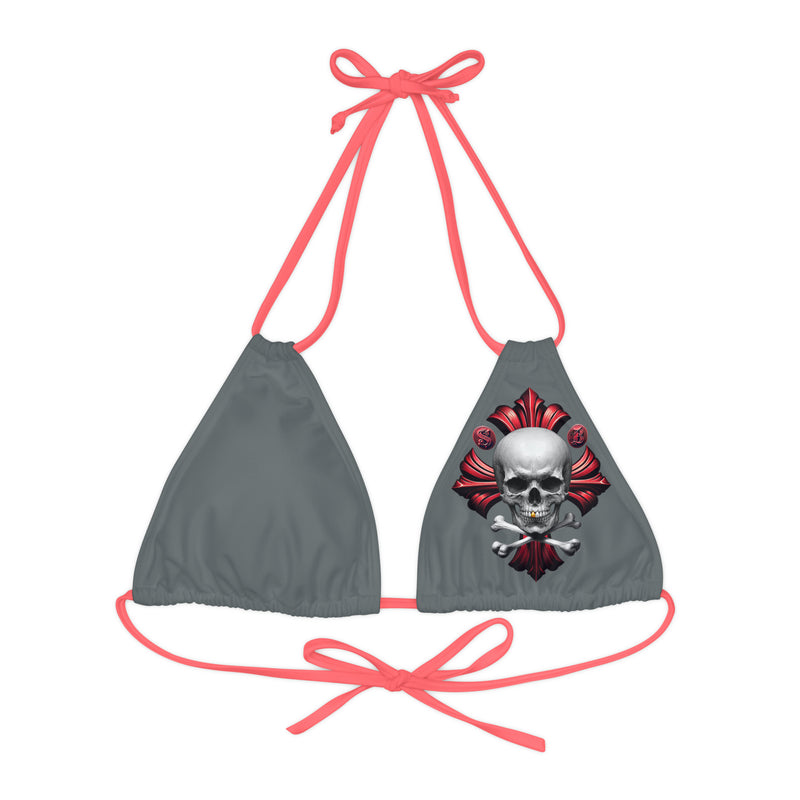 "Skull & Barrel" Base Dark Grey- Left Logo - Strappy Triangle Bikini Top (AOP)