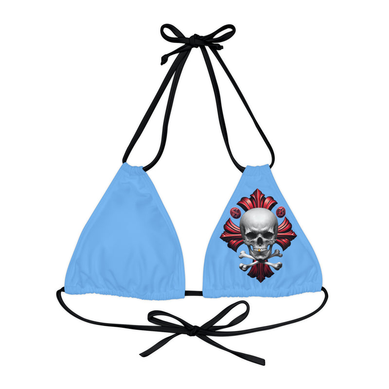 "Skull & Barrel" Base Light Blue - Left Logo - Strappy Triangle Bikini Top (AOP)