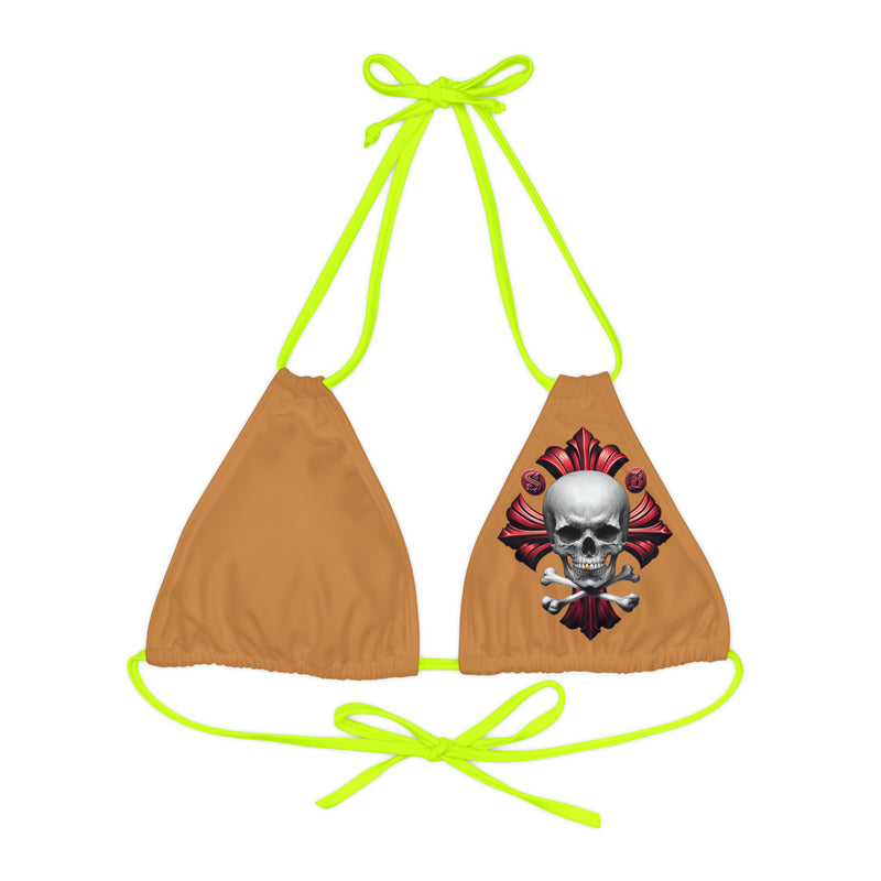 "Skull & Barrel" Base Light Brown - Left Logo - Strappy Triangle Bikini Top (AOP)