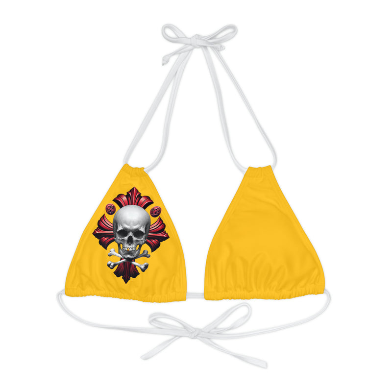 "Skull & Barrel" Base Yellow - Right Logo - Strappy Triangle Bikini Top (AOP)