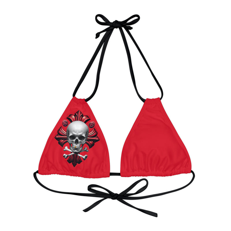 "Skull & Barrel" Base Dark Red - Right Logo - Strappy Triangle Bikini Top (AOP)