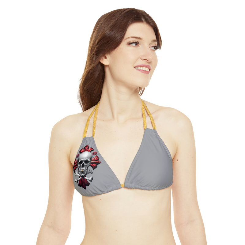 "Skull & Barrel" Base Grey - Right Logo - Strappy Triangle Bikini Top (AOP)