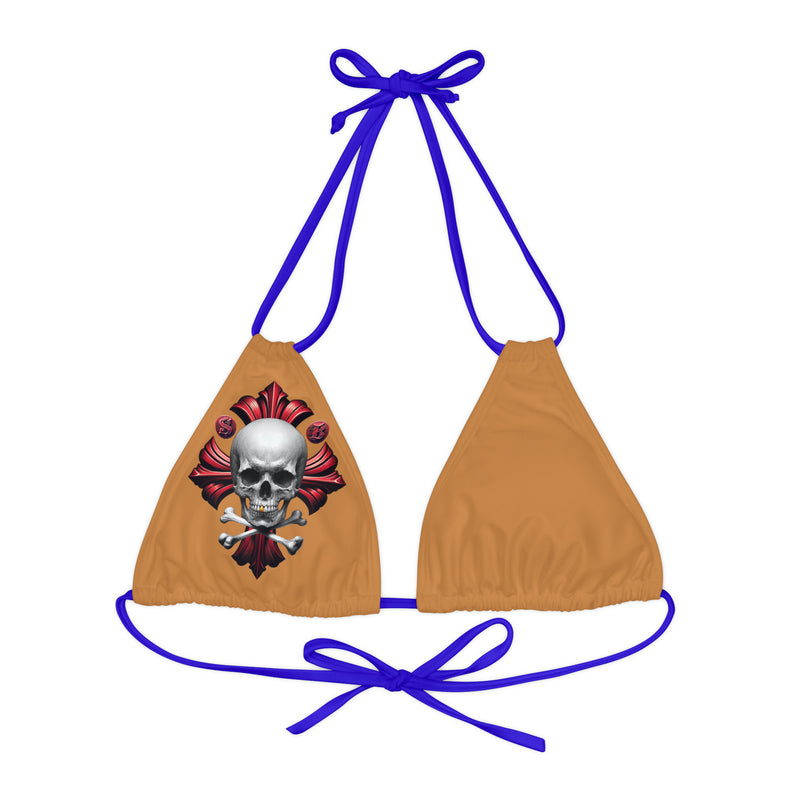 "Skull & Barrel" Base Light Brown - Right Logo - Strappy Triangle Bikini Top (AOP)