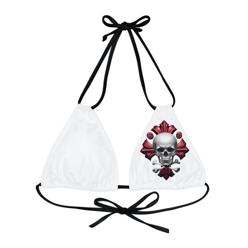 "Skull & Barrel" Base White - Left Logo - Strappy Triangle Bikini Top (AOP)