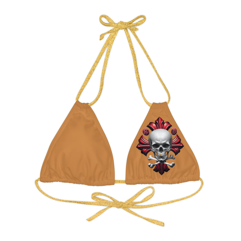 "Skull & Barrel" Base Light Brown - Left Logo - Strappy Triangle Bikini Top (AOP)