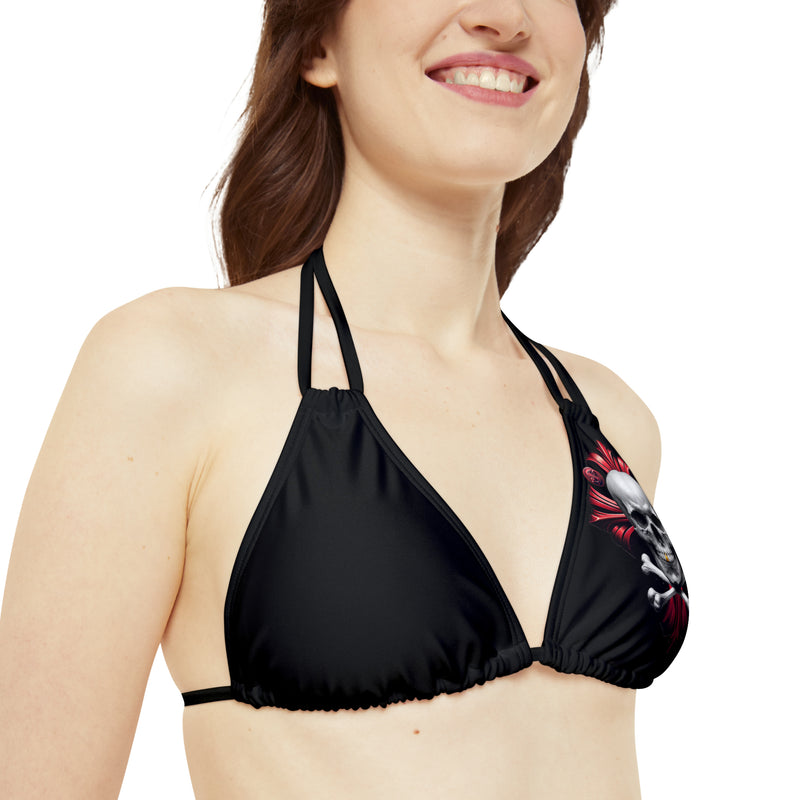 "Skull & Barrel" Base Black - Left Logo - Strappy Triangle Bikini Top (AOP)