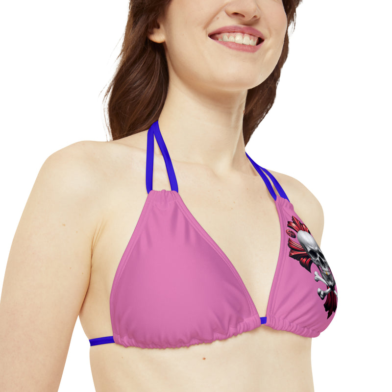 "Skull & Barrel" Base Light Pink - Left Logo - Strappy Triangle Bikini Top (AOP)