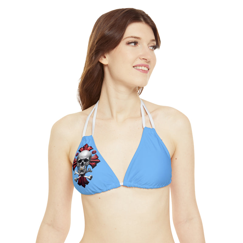 "Skull & Barrel" Base Light Blue - Right Logo - Strappy Triangle Bikini Top (AOP)