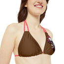 "Skull & Barrel" Base Brown- Left Logo - Strappy Triangle Bikini Top (AOP)