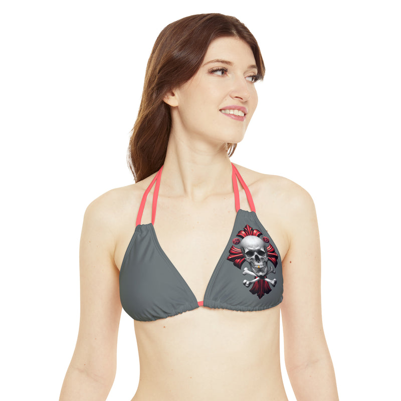 "Skull & Barrel" Base Dark Grey- Left Logo - Strappy Triangle Bikini Top (AOP)