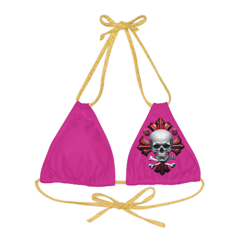 "Skull & Barrel" Base Pink - Left Logo - Strappy Triangle Bikini Top (AOP)