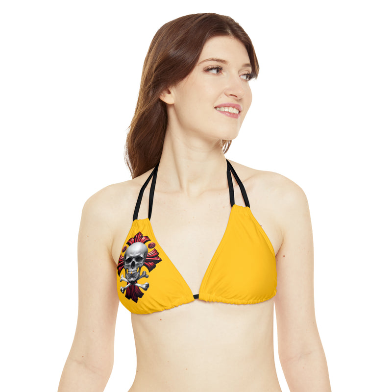 "Skull & Barrel" Base Yellow - Right Logo - Strappy Triangle Bikini Top (AOP)