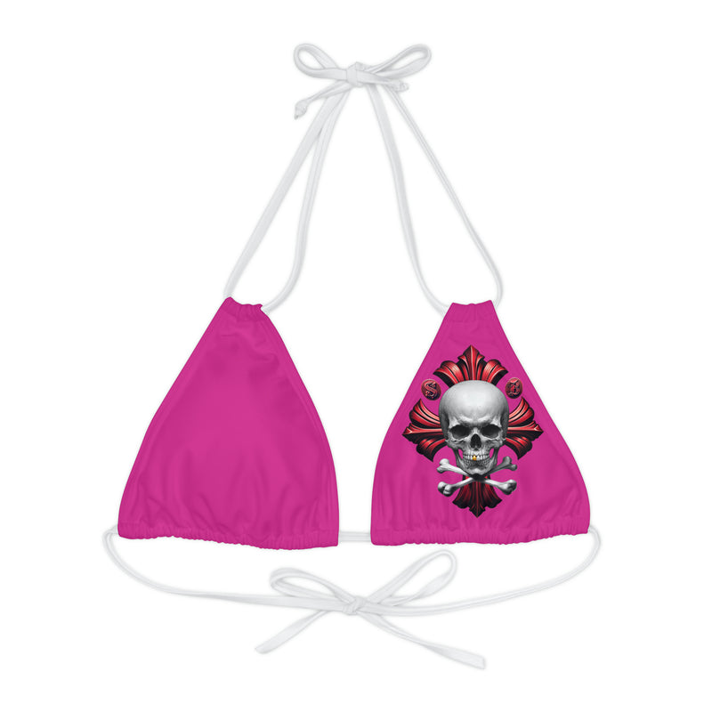 "Skull & Barrel" Base Pink - Left Logo - Strappy Triangle Bikini Top (AOP)