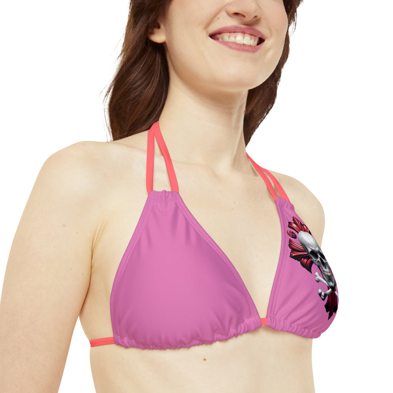 "Skull & Barrel" Base Light Pink - Left Logo - Strappy Triangle Bikini Top (AOP)