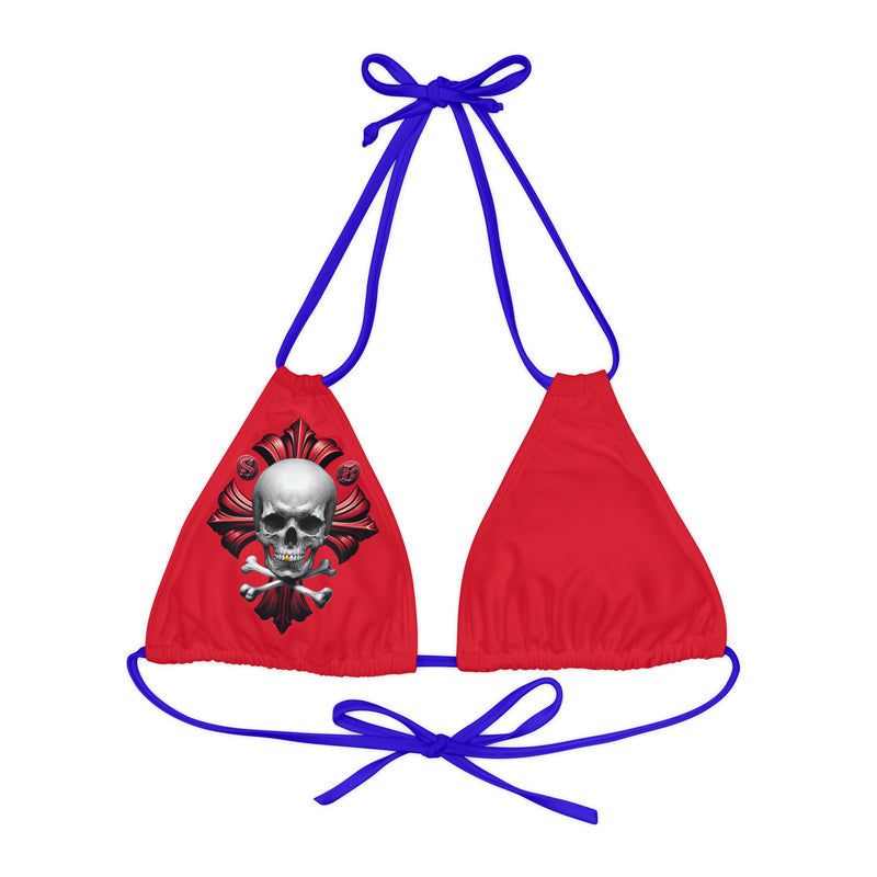 "Skull & Barrel" Base Dark Red - Right Logo - Strappy Triangle Bikini Top (AOP)