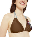 "Skull & Barrel" Base Brown- Left Logo - Strappy Triangle Bikini Top (AOP)