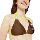 "Skull & Barrel" Base Brown- Left Logo - Strappy Triangle Bikini Top (AOP)
