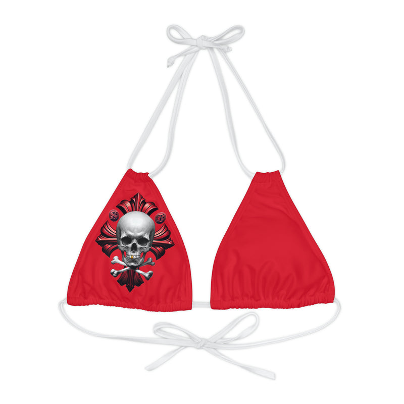 "Skull & Barrel" Base Dark Red - Right Logo - Strappy Triangle Bikini Top (AOP)