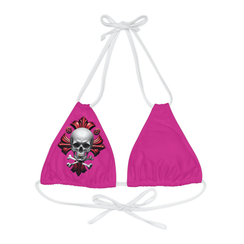 "Skull & Barrel" Base Pink - Right Logo - Strappy Triangle Bikini Top (AOP)