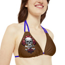 "Skull & Barrel" Base Brown - Right Logo - Strappy Triangle Bikini Top (AOP)