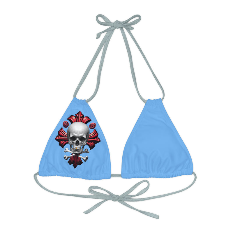 "Skull & Barrel" Base Light Blue - Right Logo - Strappy Triangle Bikini Top (AOP)