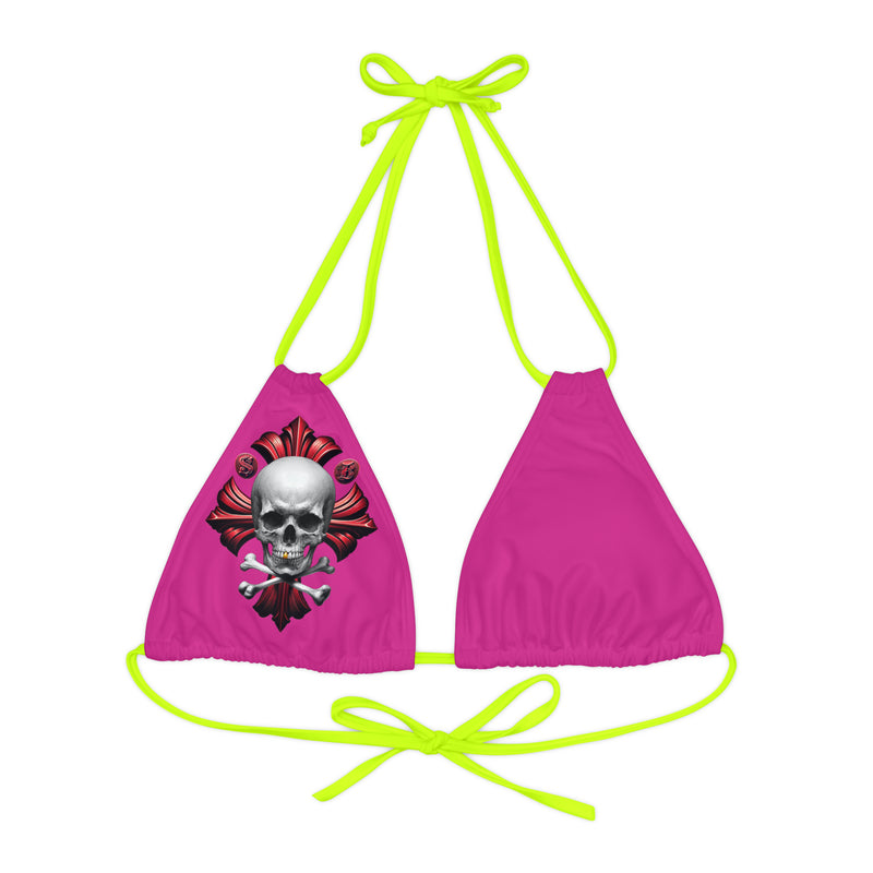 "Skull & Barrel" Base Pink - Right Logo - Strappy Triangle Bikini Top (AOP)